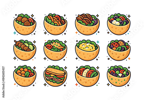 Colorful Pita Icons. Stuffed pita pockets. Colorful isometric ve