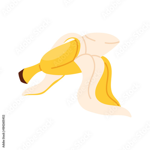 Bitten open sweet banana with peel, ripe fresh half eaten fruit vector illustration