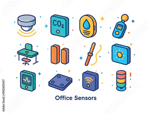 Colorful Office Sensors Icons. Office Sensors. Colorful isometri