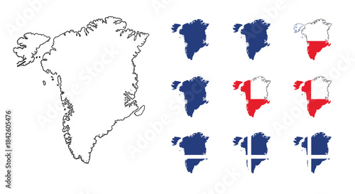 A set of Greenland map vectors, including a detailed outline and several versions filled with national flag designs in a grunge or brush stroke style.
