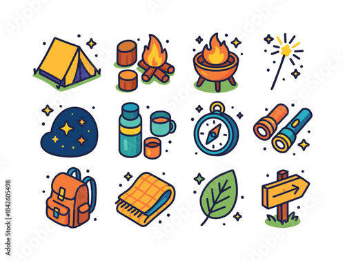 Outdoor Camp Icon Set. outdoor camp fun. Colorful isometric vect