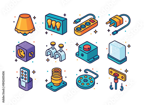 Colorful Lighting Icons. Lighting accessories. Colorful isometri