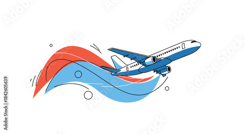 A dynamic illustration of a passenger airplane taking off with abstract red and blue waves behind it, representing travel, tourism, and aviation.