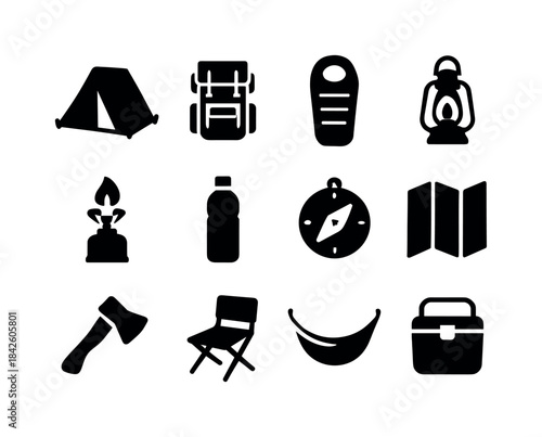 Camping Gear Icons. Camping gear. Solid icon set of camping gear