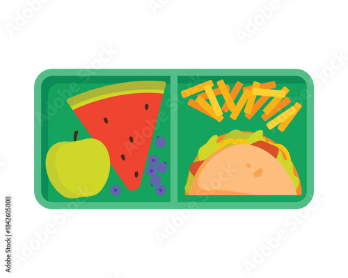 Green plastic tray with lunch food in compartments, top view of canteen plate vector illustration