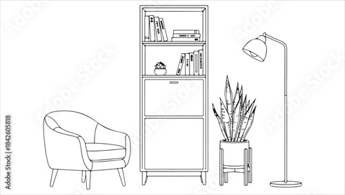 Minimalist line art illustration of living room furniture and plants