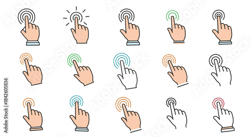 A comprehensive set of hand tap and touch gesture icons in various colorful and outline styles, demonstrating user interaction for digital interfaces.