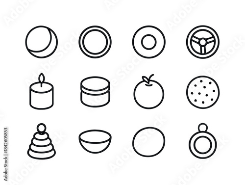 Round Icons Collection. Round Objects. Line icon set of Round Ob