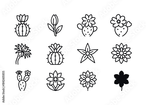 Cactus Flower Icons. Cactus Flowers. Line icon set of Cactus Flo