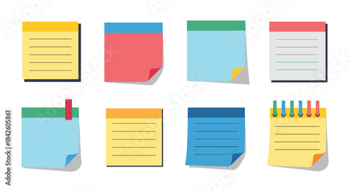A collection of colorful sticky notes in various styles, including blank, lined, and with curled corners, for reminders, messages, and office work.