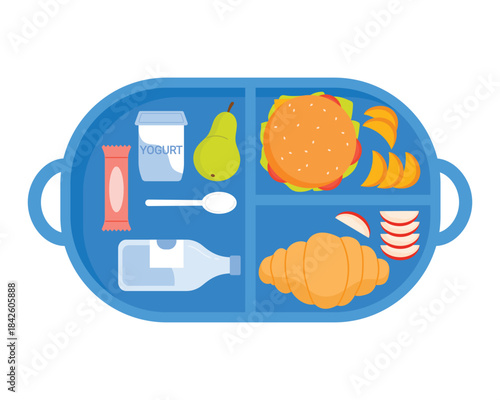 Blue plastic tray with handles and lunch food, top view of canteen salver vector illustration