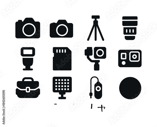 Photography Gear Icons. Photography gadgets. Solid icon set of P