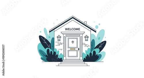 A charming line art illustration of a house with a "Welcome" sign on the door, surrounded by lush plants, creating a friendly and inviting home scene.