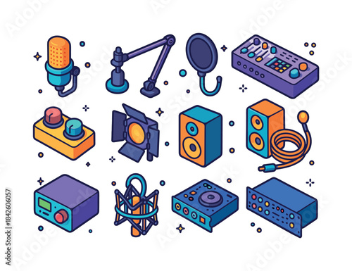 Studio Equipment Icons. Studio Equipment. Colorful isometric vec