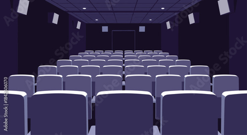 A view from the back of an empty movie theater or cinema hall with rows of seats facing a blank screen, illustrated in a simple, flat style.