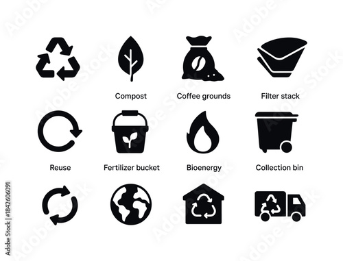 Coffee Waste Recycling Icons. Coffee waste recycling. Solid icon