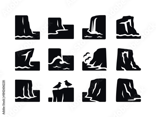 Ocean Cliffs Icons. Ocean cliffs. Solid icon set of Ocean cliffs