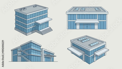 Modern Office Building Vector Set – Stylized Multi-Story Commercial Structures with Glass Facades, Rooftop Units for Architecture, Urban Planning, and Infrastructure Design Projects