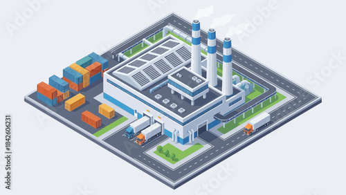 Industrial Facility Vector – Isometric Factory with Trucks, Smokestacks, Shipping Containers for Manufacturing, Logistics, Supply Chain, Infrastructure, and Warehouse Design Projects