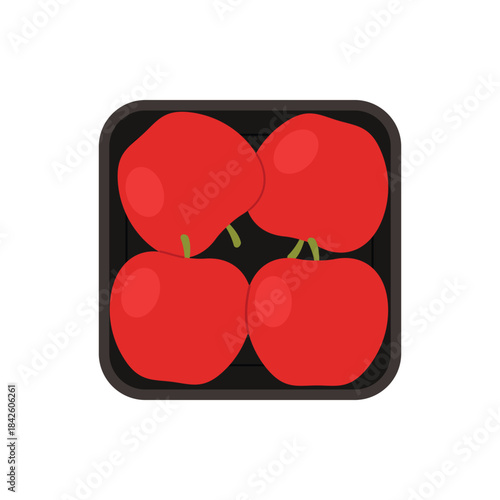 Fresh red apples in square plastic tray, top view of styrofoam box with fruit vector illustration