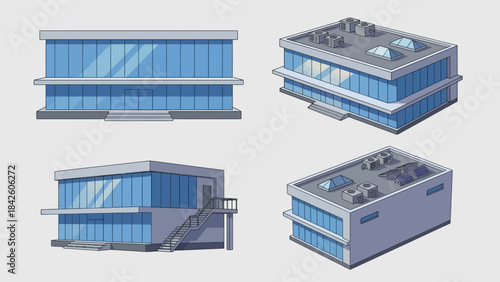 Modern Office Building Vector Set – Stylized Multi-Story Commercial Structures with Glass Facades, Rooftop Units for Architecture, Urban Planning, and Infrastructure Design Projects