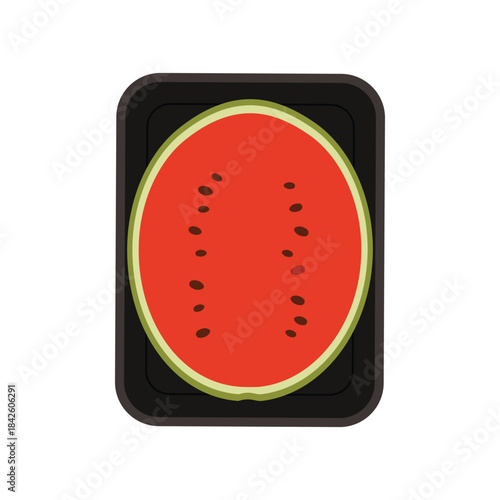Half ripe watermelon in rectangular supermarket plastic tray, top view vector illustration