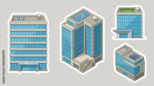 Modern Office Building Vector Set – Stylized Multi-Story Commercial Structures with Glass Facades, Rooftop Units for Architecture, Urban Planning, and Infrastructure Design Projects