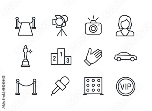 Red Carpet Icons. Red carpet experience. Line icon set of red ca