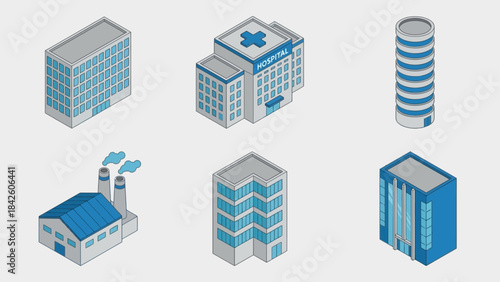 Isometric Urban Building Vector Set – Office, Hospital, Factory, High-Rise for Architecture, Infrastructure, Planning, Logistics, and Commercial Design Projects