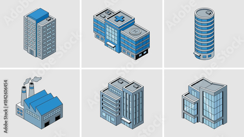 Isometric Urban Building Vector Set – Office, Hospital, Factory, High-Rise for Architecture, Infrastructure, Planning, Logistics, and Commercial Design Projects