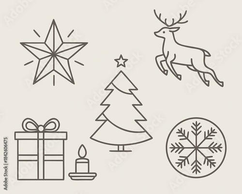 Minimalist Scandinavian Christmas Line Art Icons Set: Elegant Hand Drawn Winter Holiday Symbols Including Reindeer, Star, Tree, Gift, Candle, Snowflake in Neutral Palette for Branding