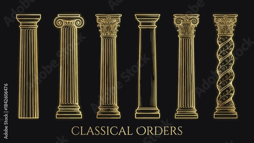 Classical Orders Column Vector – Doric, Ionic, Corinthian, Tuscan, Composite, Solomonic Styles in Gold Line Art for Architecture, History, and Design Education Projects