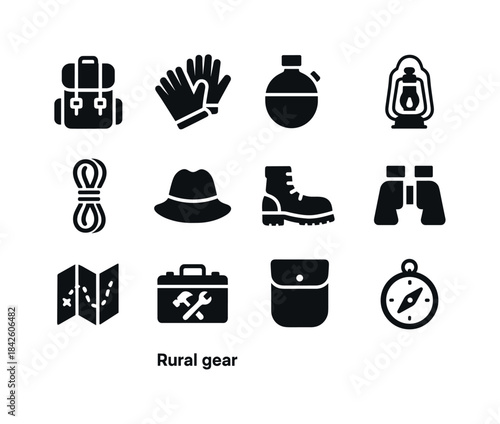 Rural Gear Icons. Rural gear. Solid icon set of rural gear: back