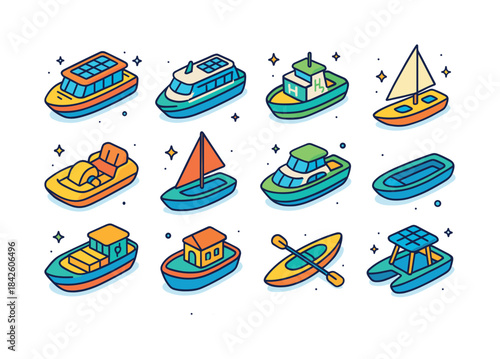 Eco Water Transport Icons. Eco-friendly water transport. Colorfu