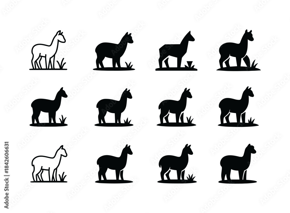 Naklejka premium Alpaca Logo Collection. Alpacas grazing. Icon set. Set Logo of a