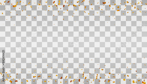 3D Falling golden confetti on transparent background effect. Festive sparkling glitter for celebration decoration, birthday, new year, holiday party. Vector illustration