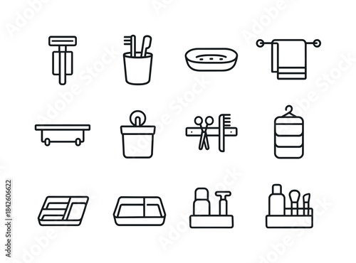 Bathroom Icon Set. Bathroom Storage Solutions. Line icon set of