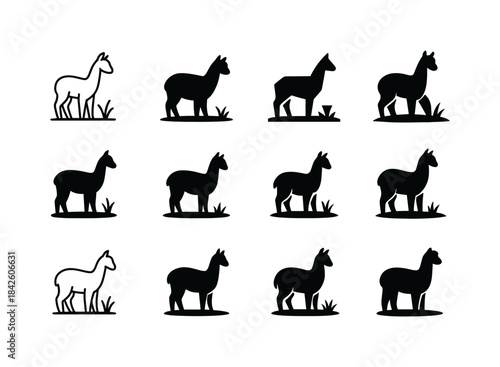 Alpaca Logo Collection. Alpacas grazing. Icon set. Set Logo of a