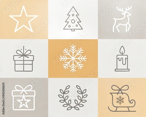 Nine Minimalist Christmas Line Icons on Colored Blocks: Elegant Holiday Symbols Including Reindeer, Candle, Sleigh, Wreath and Gift for Seasonal Blog or Social Media