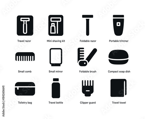 Travel Grooming Essentials. Travel grooming. Solid icon set of t