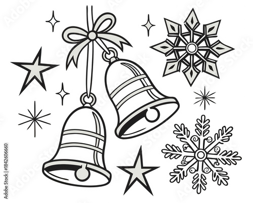 Vintage Christmas Holiday Decor Elements Set Hand Drawn Outline Bells Ribbon Snowflakes Stars Black and White Graphic