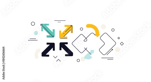 Abstract graphic composition with colorful arrows for full screen mode, refresh icons, and geometric shapes on a white background.