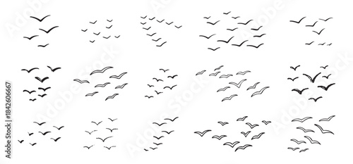 Birds flying line in the sky set. Ink grunge flock of birds afar brush hand drawn. markers and crayons