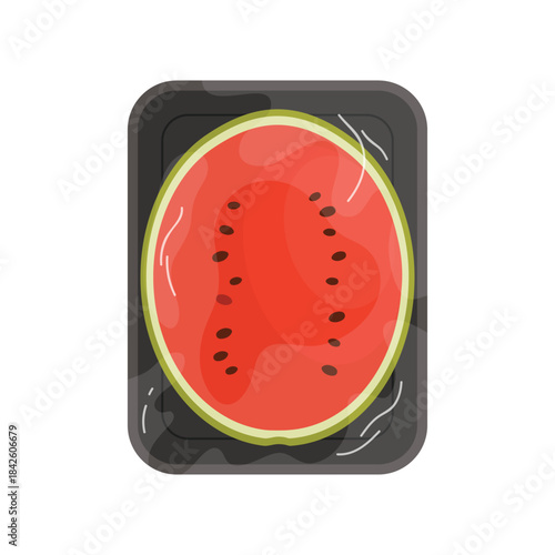 Half watermelon in black plastic tray, top view of styrofoam package with film wrap vector illustration