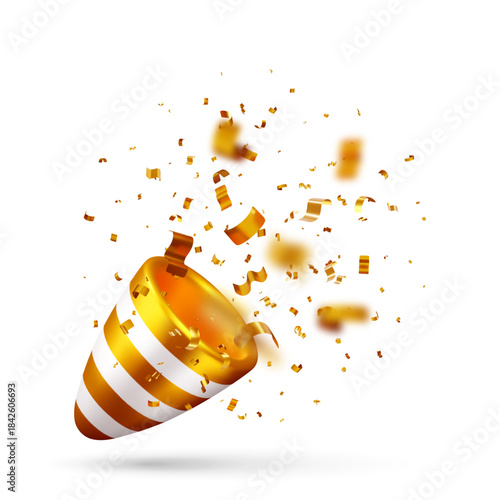 3D Golden party popper with confetti flying out. Explosion of vibrant tinsel for celebration. Festive element for New Year, birthday, event. Vector illustration