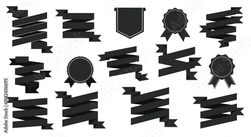 Large collection of black silhouette ribbon banners, scrolls, and award seals in various shapes for labels, tags, and design projects.