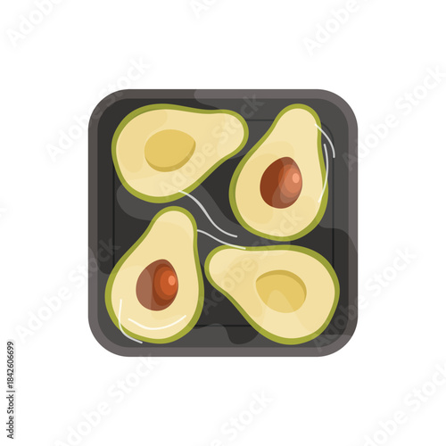 Avocado half slices in black plastic tray, top view of styrofoam package with film wrap vector illustration