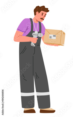 Man warehouse worker in uniform scanning box with hand barcode laser scanner flat vector illustration isolated on white.