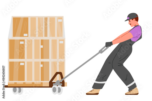Man warehouse worker in uniform pulls hand forklift with pile of cardboard boxes wrapped in foil flat vector illustration isolated on white.