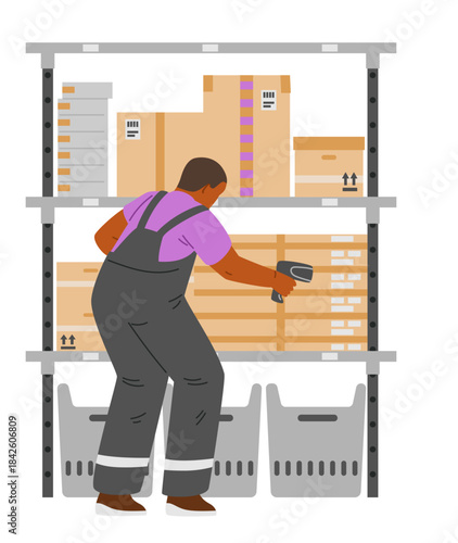 African American man warehouse worker scanning boxes with barcode scanner flat vector illustration isolated on white.